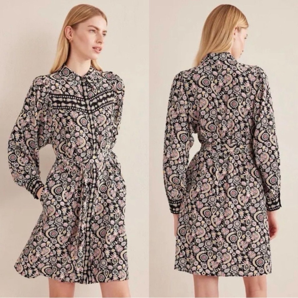Boden Black Paisley Floral Mini Shirt Dress Dark Academia Boho Chic 10L Pockets
